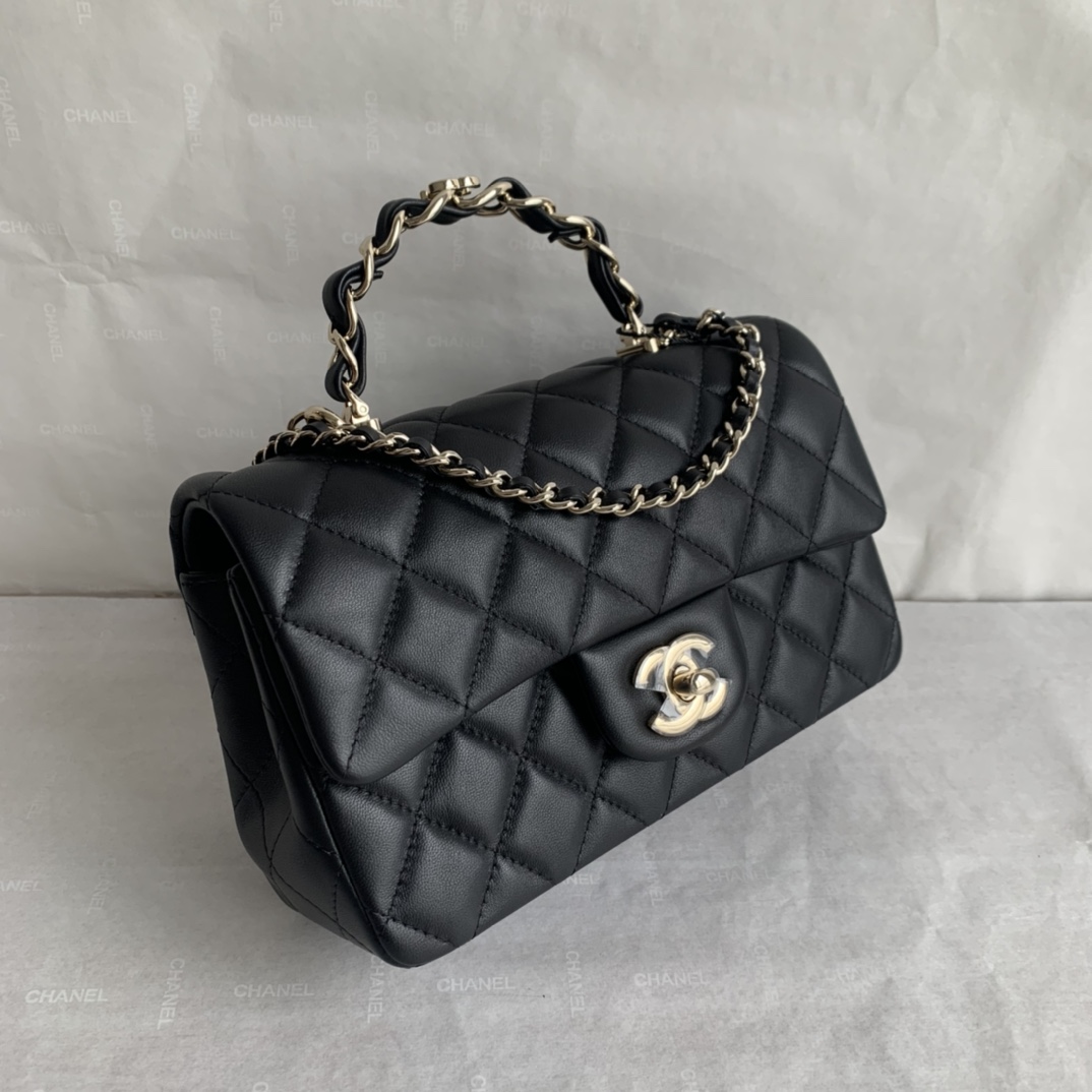 Chanel Mini Rectangular Flap with Top Handle Black Lambskin Gold Hardware