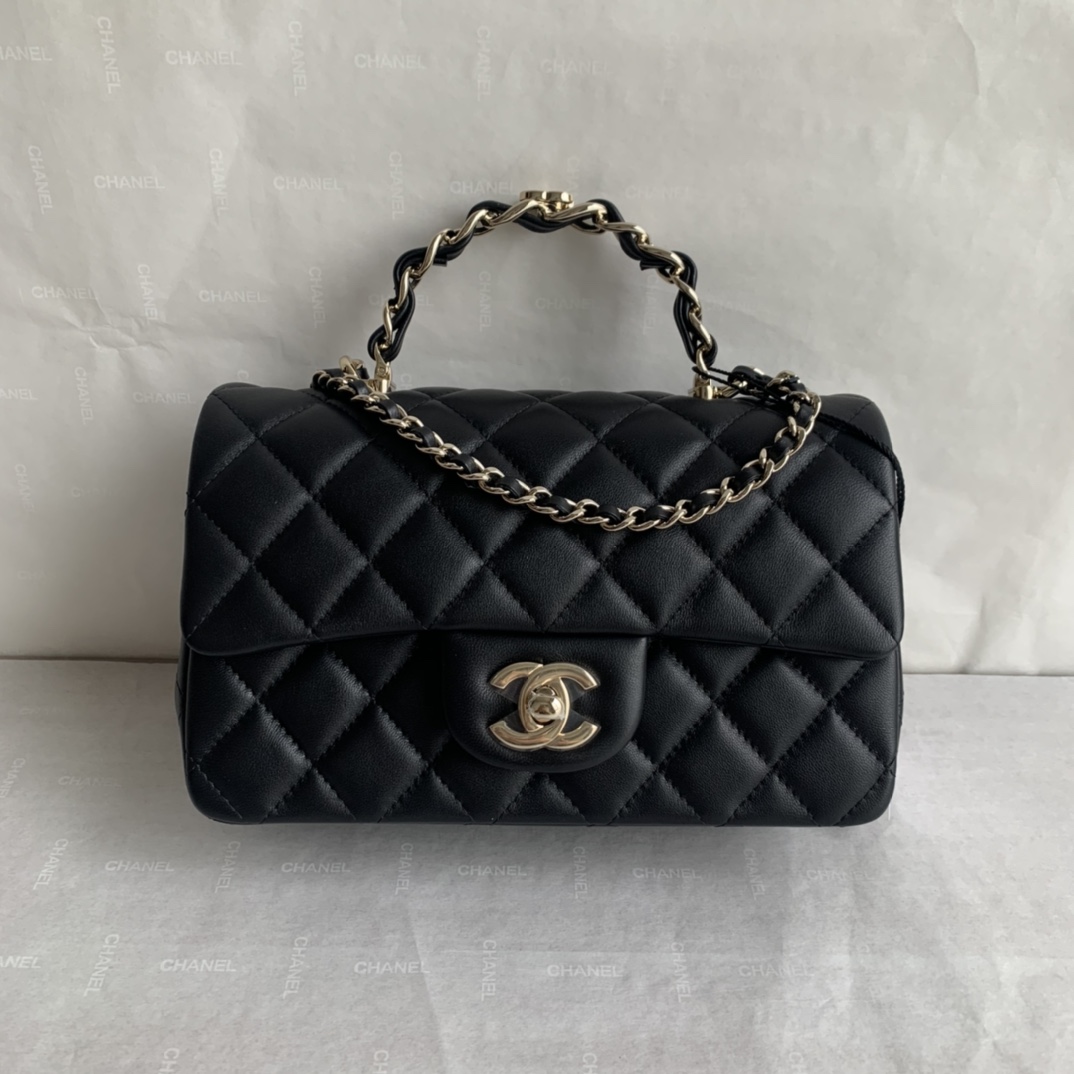 Chanel Mini Rectangular Flap with Top Handle Black Lambskin Gold Hardware