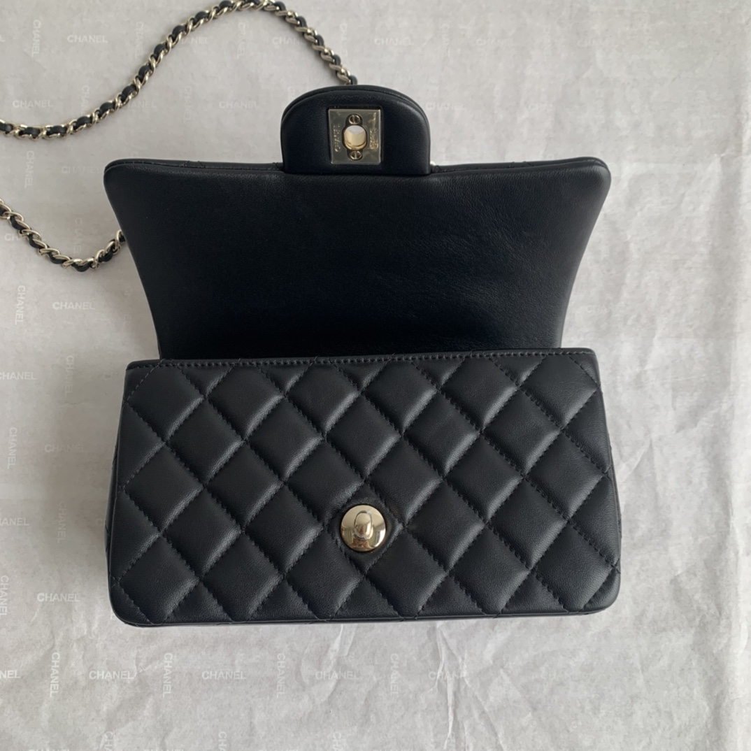 Chanel Mini Rectangular Flap with Top Handle Black Lambskin Gold Hardware