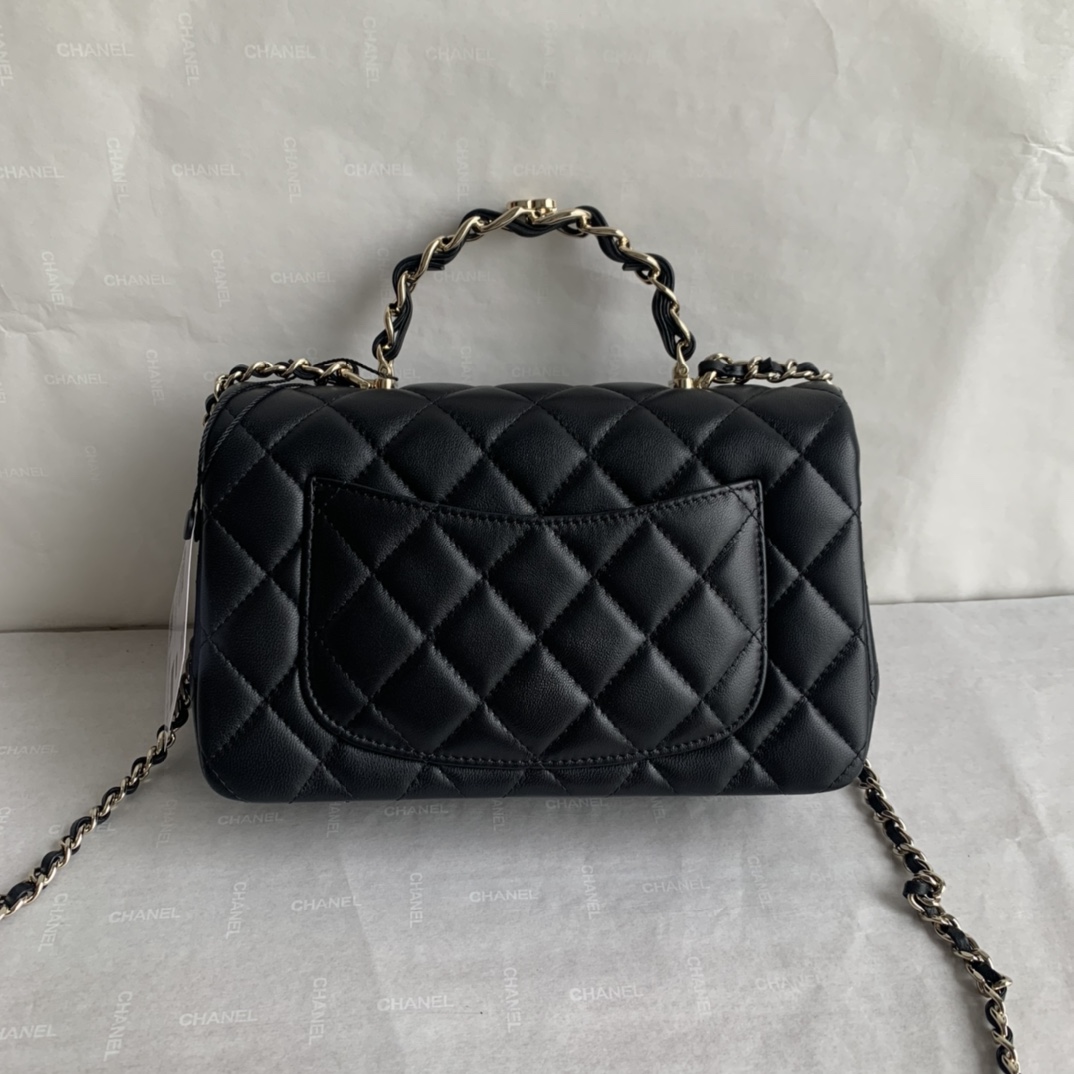 Chanel Mini Rectangular Flap with Top Handle Black Lambskin Gold Hardware