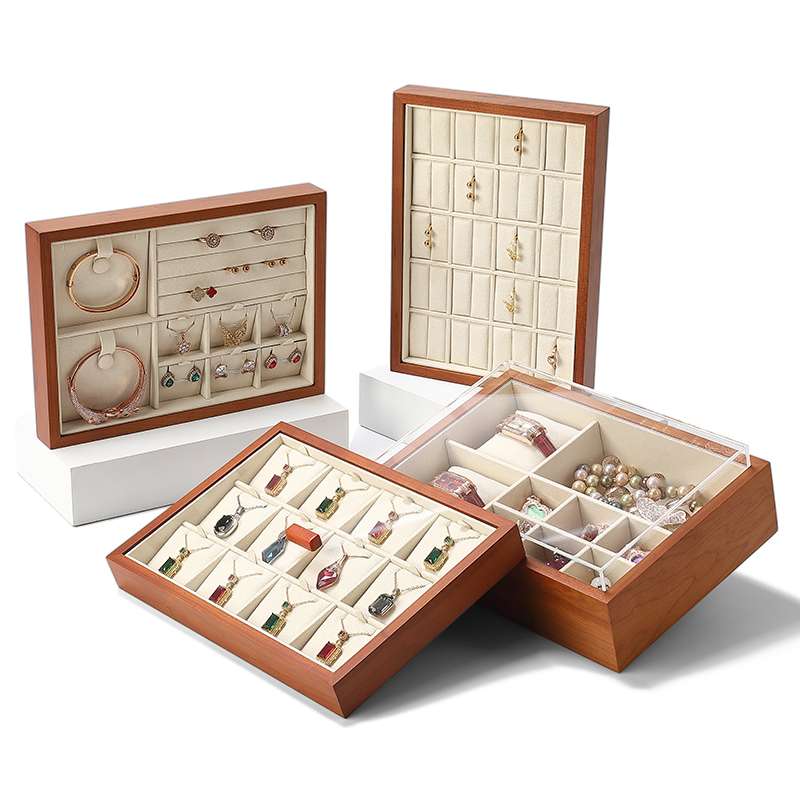 P001 Beige DIGU Luxury Earring Ring Necklace Microfiber With Wood Jewelry Display Tray