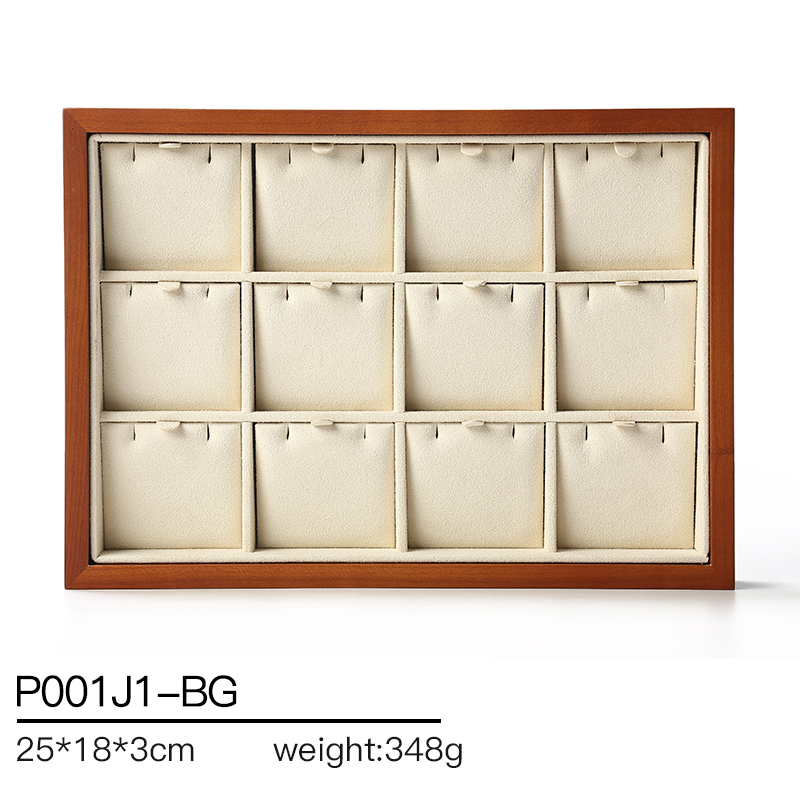 P001 Beige DIGU Luxury Earring Ring Necklace Microfiber With Wood Jewelry Display Tray