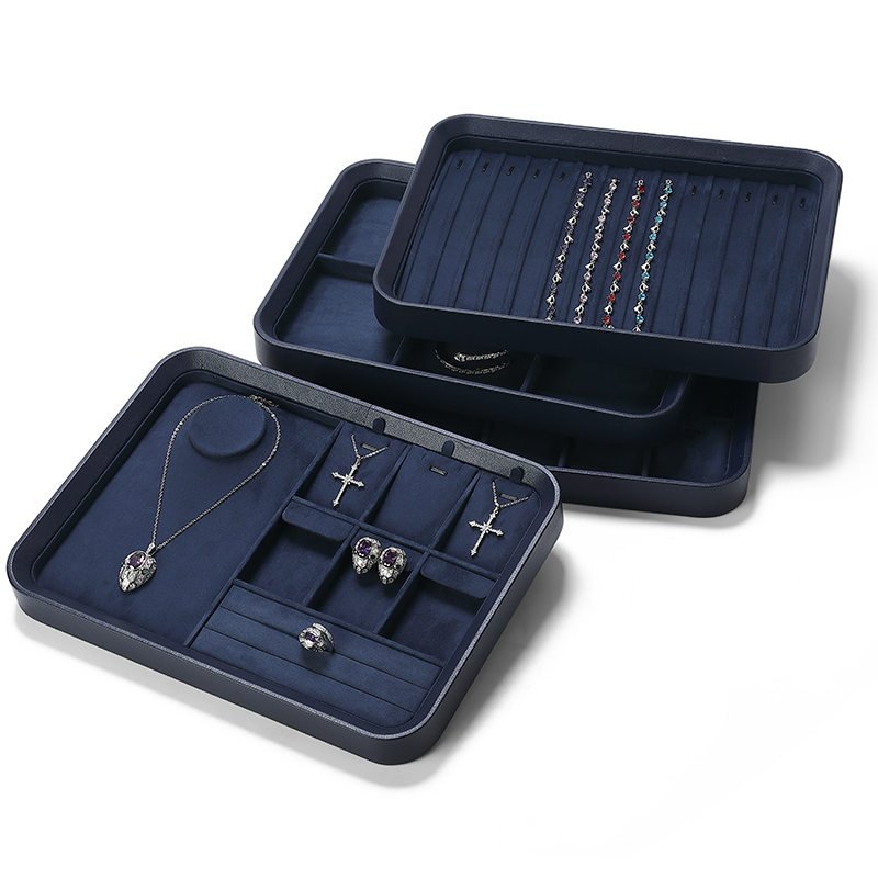 P007 blue DIGU High Quality velvet PU Leather earrings rings jewelry display tray