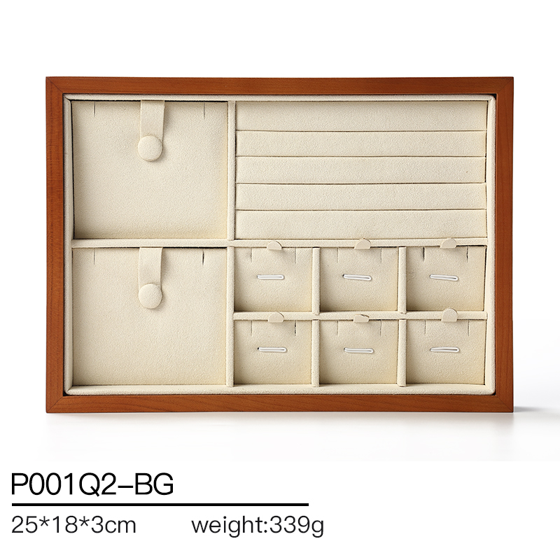 P001 Beige DIGU Luxury Earring Ring Necklace Microfiber With Wood Jewelry Display Tray