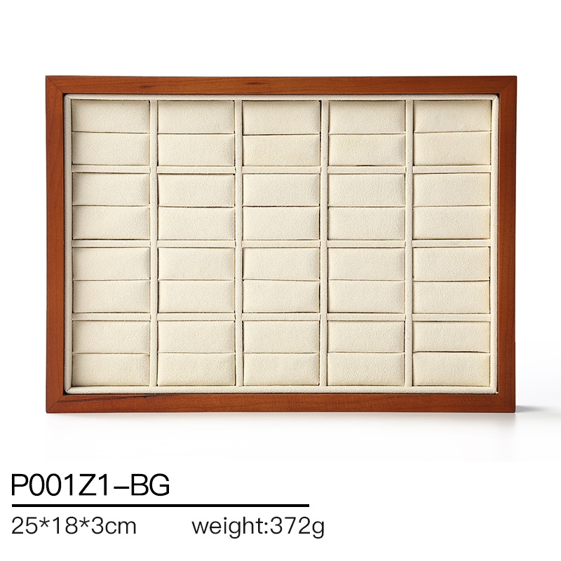 P001 Beige DIGU Luxury Earring Ring Necklace Microfiber With Wood Jewelry Display Tray
