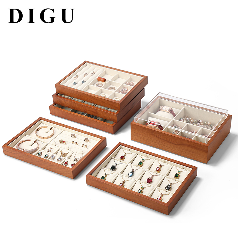 P001 Beige DIGU Luxury Earring Ring Necklace Microfiber With Wood Jewelry Display Tray