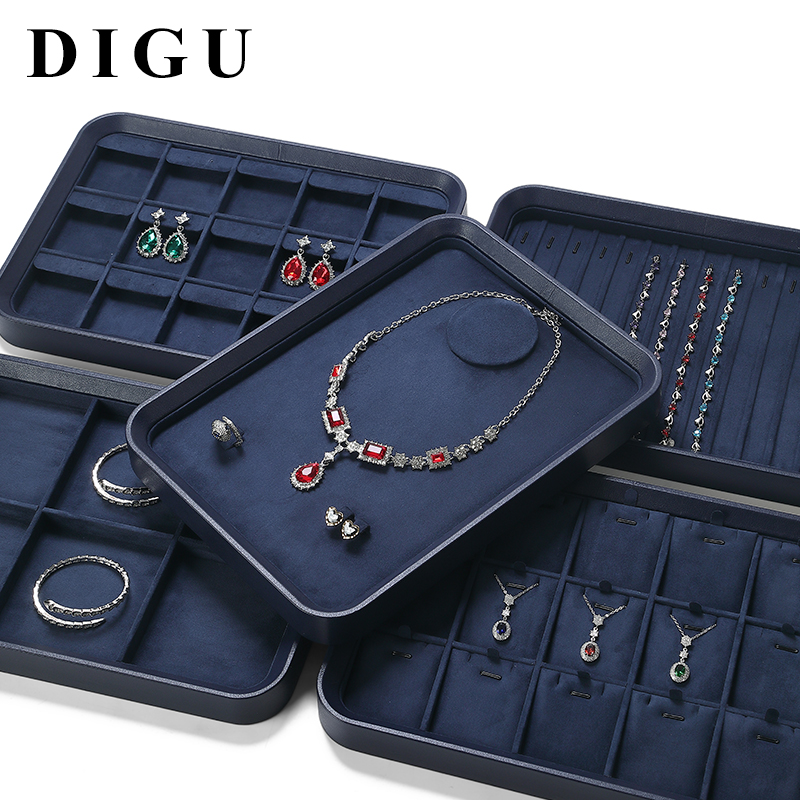 P007 blue DIGU High Quality velvet PU Leather earrings rings jewelry display tray