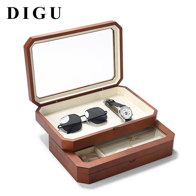 SH004 beige DIGU Luxury Solid Wood Jewelry Storage Box microfiber jewelry display tray
