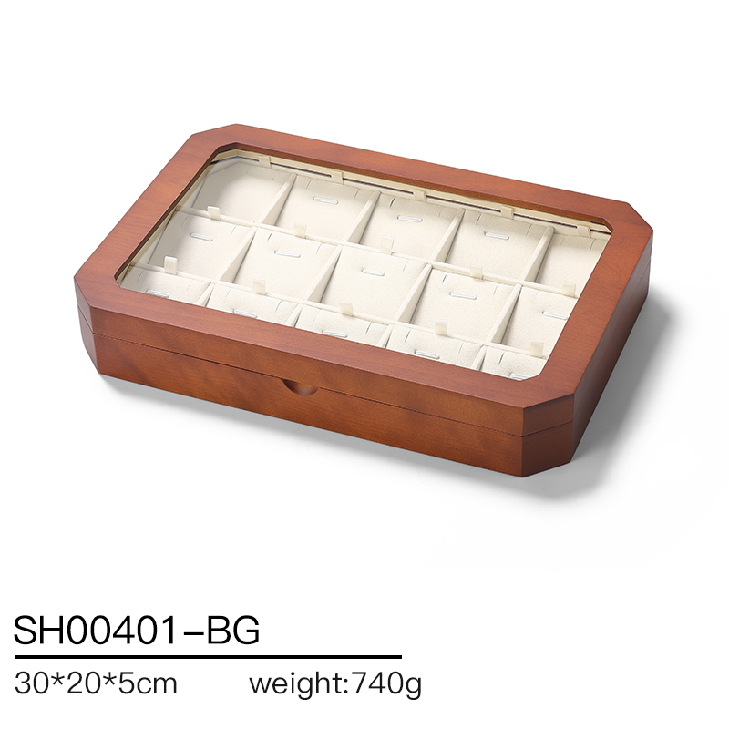 SH004 beige DIGU Luxury Solid Wood Jewelry Storage Box microfiber jewelry display tray