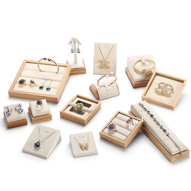 S046 Beige DIGU Handmade Beige Microfiber Jewelry display set Necklace Earring Bracelet Ring Jewelry Display Props