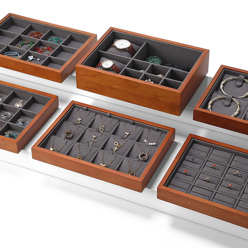 P001 Gray DIGU New Design Microfiber With Wood Jewelry Display Trays for Exhibitors