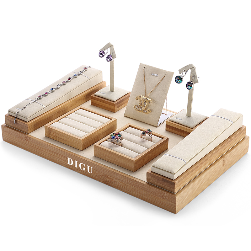 S046 Beige DIGU Handmade Beige Microfiber Jewelry display set Necklace Earring Bracelet Ring Jewelry Display Props