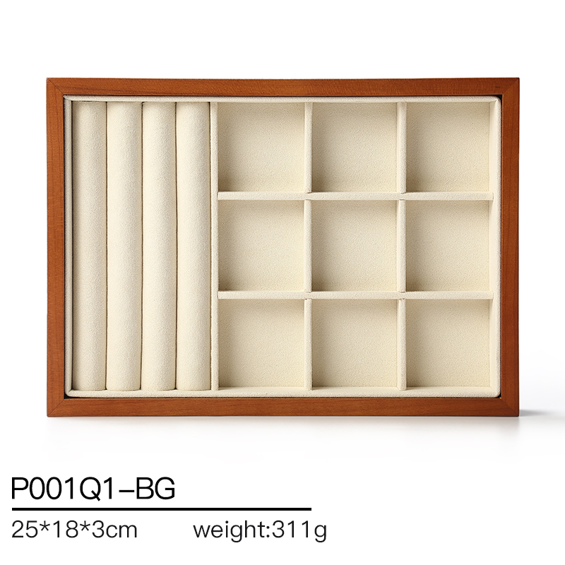 P001 Beige DIGU Luxury Earring Ring Necklace Microfiber With Wood Jewelry Display Tray