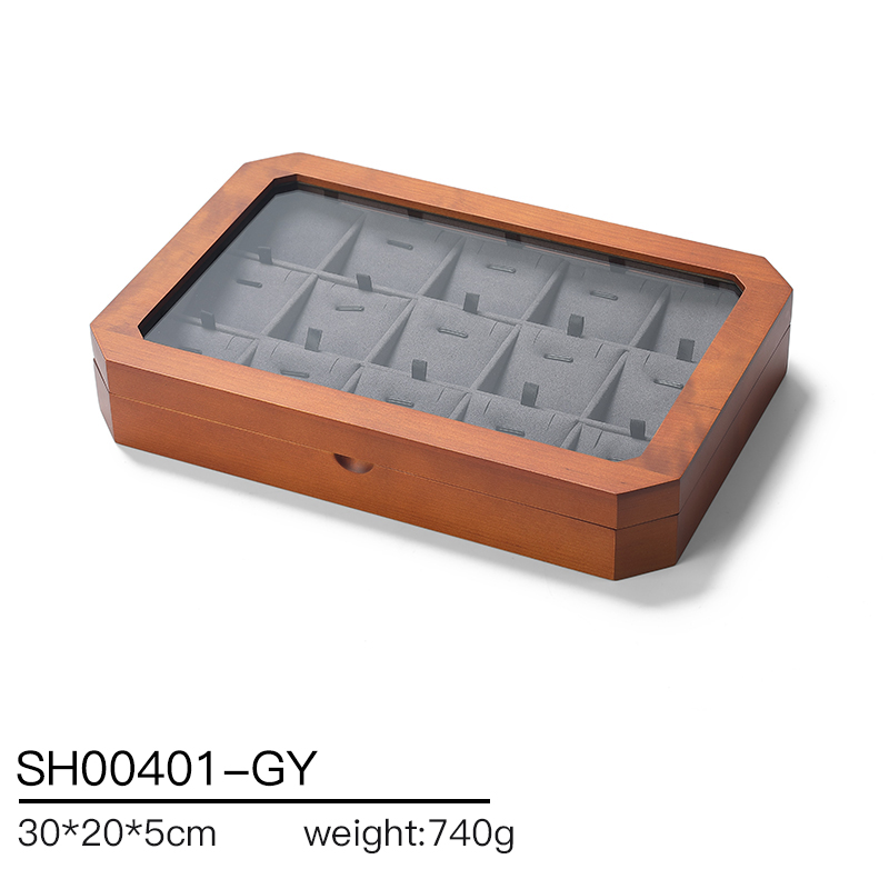 SH004 Gray DIGU Luxury Solid Wood Jewelry Storage Box microfiber jewelry display tray