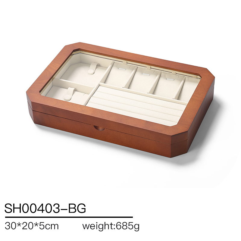 SH004 beige DIGU Luxury Solid Wood Jewelry Storage Box microfiber jewelry display tray