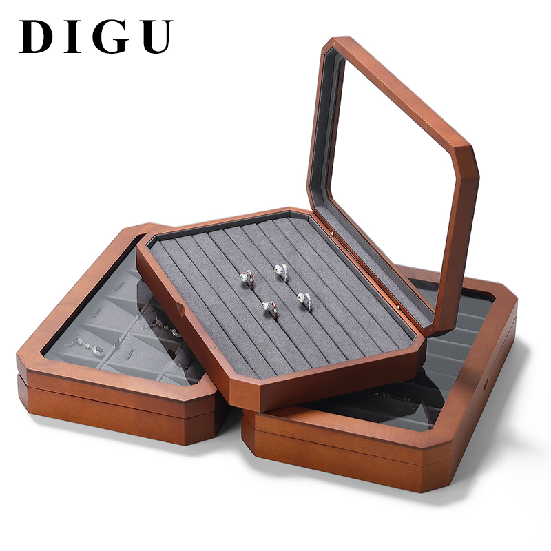 SH004 Gray DIGU Luxury Solid Wood Jewelry Storage Box microfiber jewelry display tray