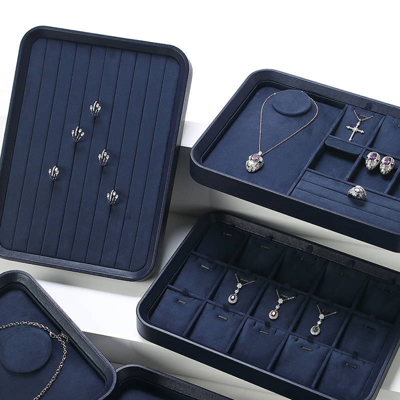 P007 blue DIGU High Quality velvet PU Leather earrings rings jewelry display tray