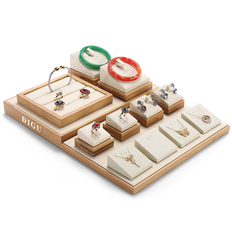 S046 Beige DIGU Handmade Beige Microfiber Jewelry display set Necklace Earring Bracelet Ring Jewelry Display Props