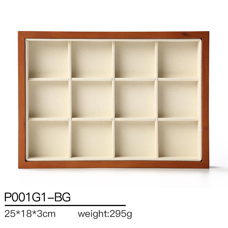 P001 Beige DIGU Luxury Earring Ring Necklace Microfiber With Wood Jewelry Display Tray