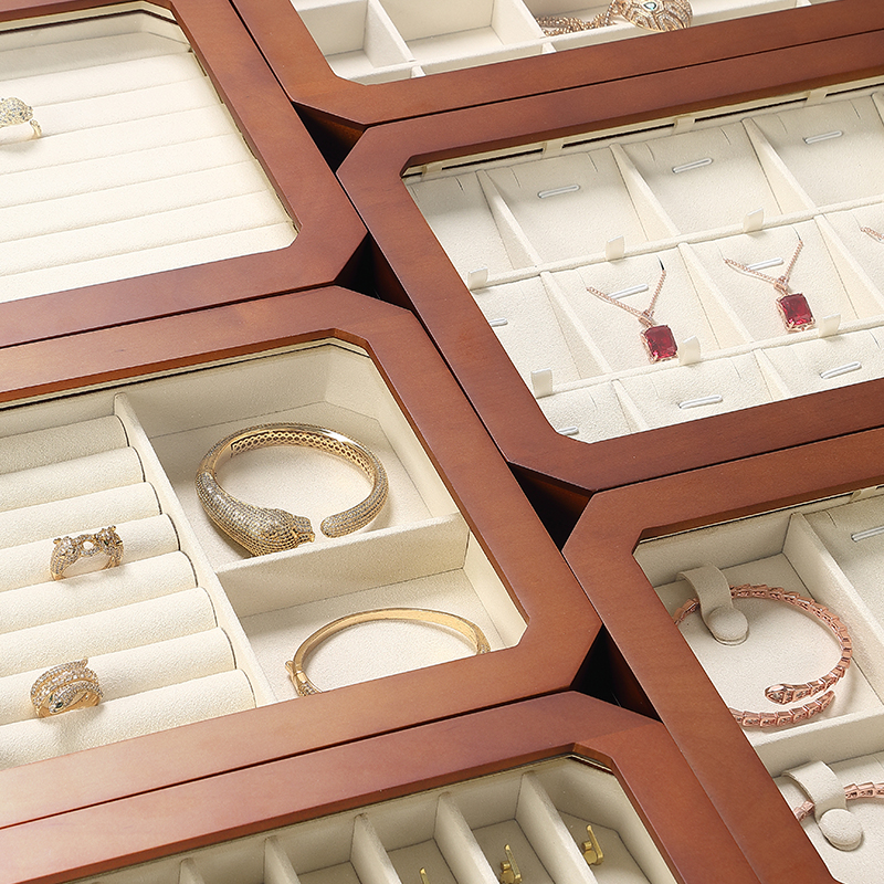 SH004 beige DIGU Luxury Solid Wood Jewelry Storage Box microfiber jewelry display tray