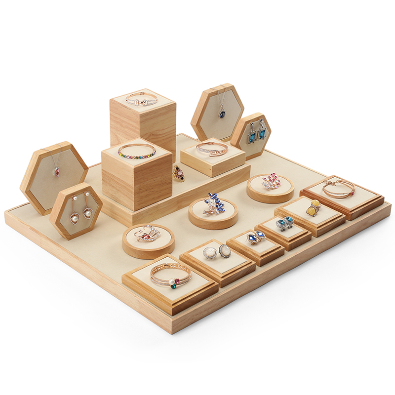 S032 Beige DIGU Luxury Microfiber Wood Jewelry Display Props Set
