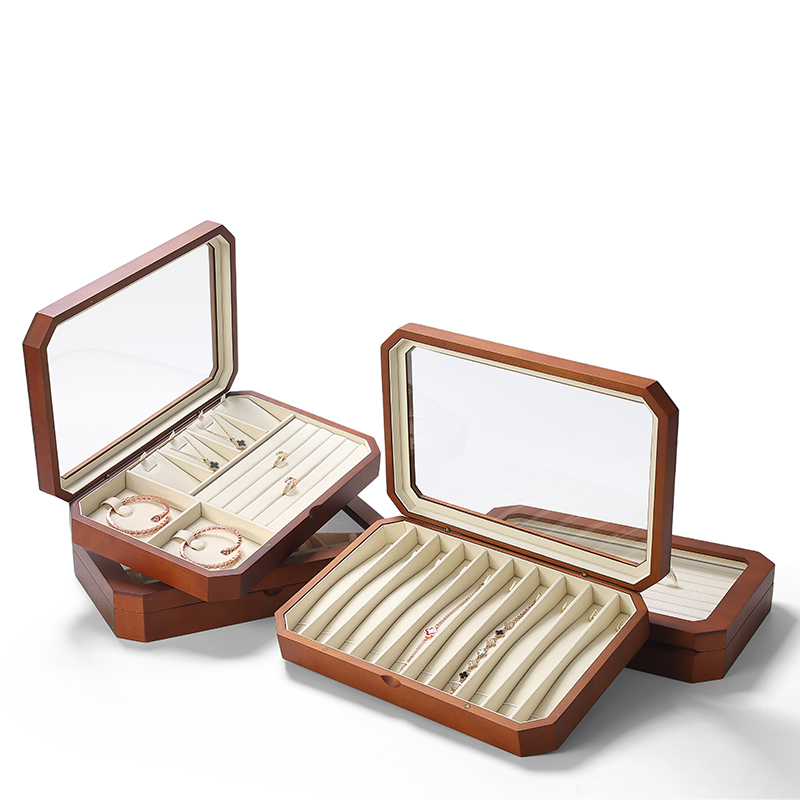 SH004 beige DIGU Luxury Solid Wood Jewelry Storage Box microfiber jewelry display tray