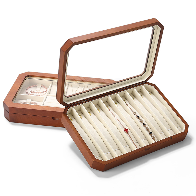SH004 beige DIGU Luxury Solid Wood Jewelry Storage Box microfiber jewelry display tray