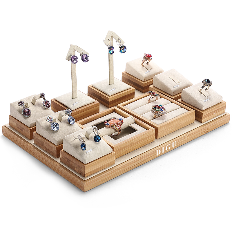 S046 Beige DIGU Handmade Beige Microfiber Jewelry display set Necklace Earring Bracelet Ring Jewelry Display Props