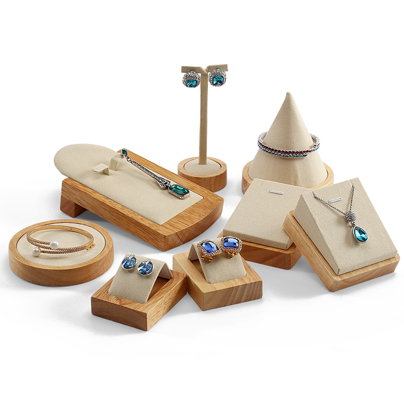 S032 Beige DIGU Luxury Microfiber Wood Jewelry Display Props Set
