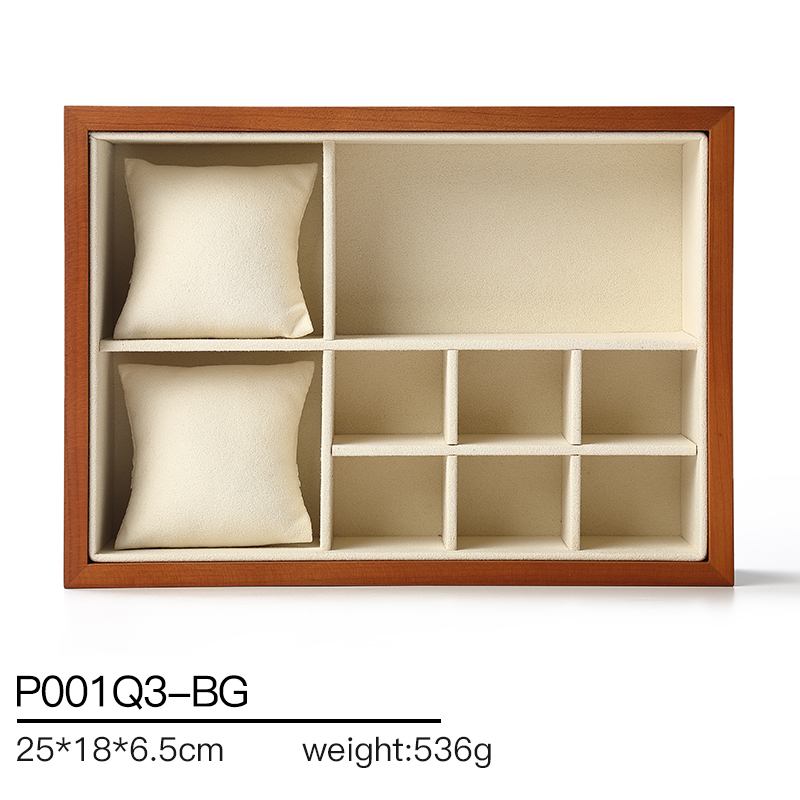 P001 Beige DIGU Luxury Earring Ring Necklace Microfiber With Wood Jewelry Display Tray