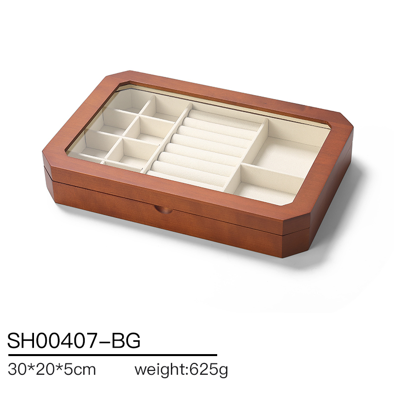SH004 beige DIGU Luxury Solid Wood Jewelry Storage Box microfiber jewelry display tray