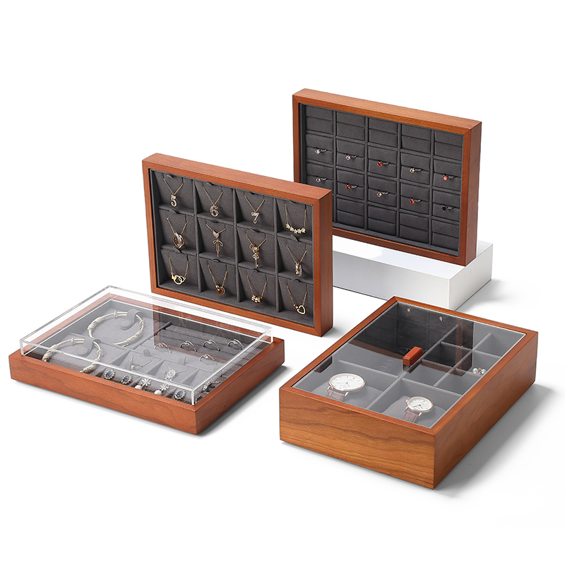 P001 Gray DIGU New Design Microfiber With Wood Jewelry Display Trays for Exhibitors