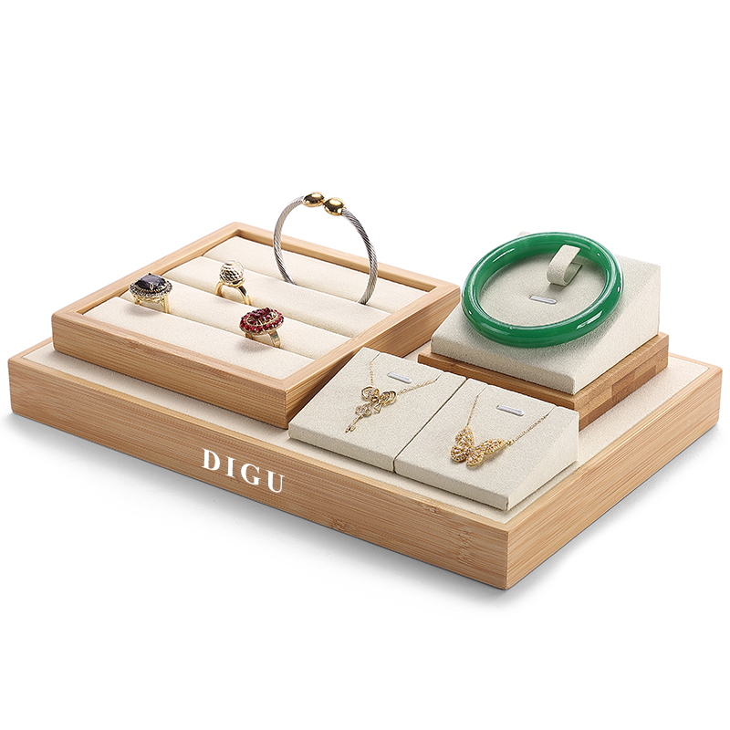 S046 Beige DIGU Handmade Beige Microfiber Jewelry display set Necklace Earring Bracelet Ring Jewelry Display Props