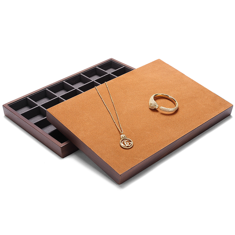 P017 DIGU Luxury Microfiber with Solid Wood Jewelry display tray for Necklace Ring Earrings