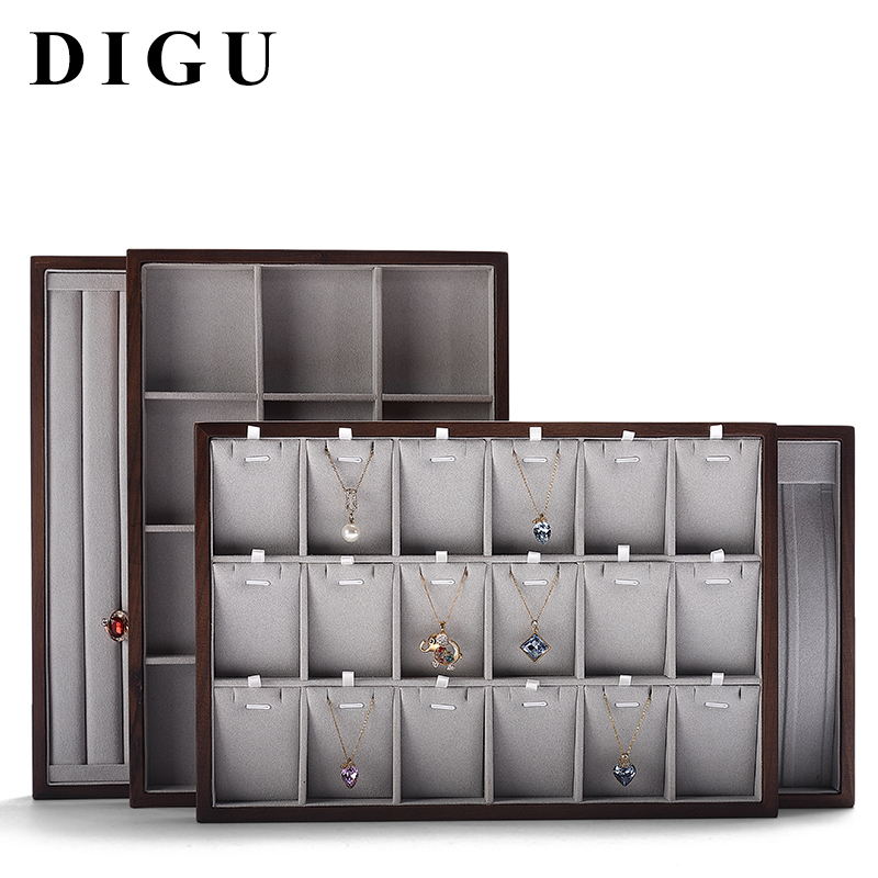 P017 DIGU Microfiber with wood gray Jewelry Storage Display Trays