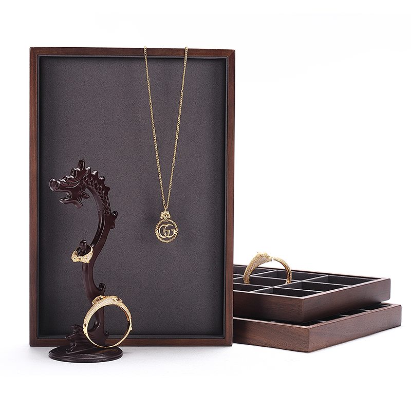 P017 DIGU Luxury Microfiber with Solid Wood Jewelry display tray for Necklace Ring Earrings