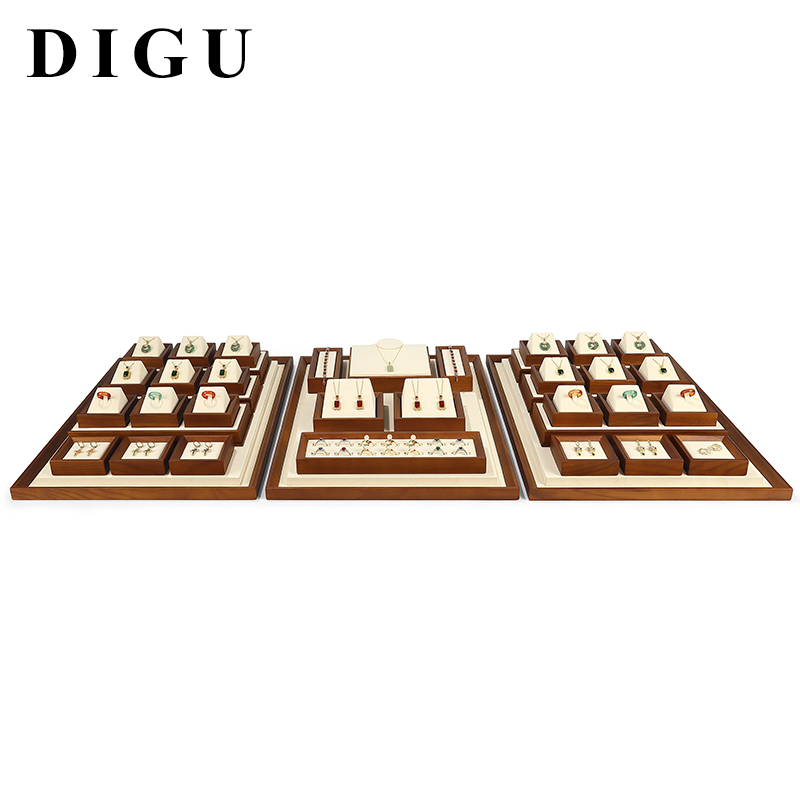 S002 DIGU Handmade Microfiber Wood Jewelry Display Set Ring Necklace Earring Holder Stand Jewelry Display Props