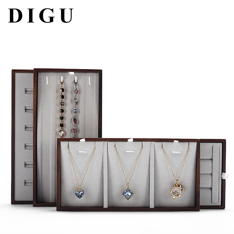 P016 Gray DIGU High-End Solid Wood Microfiber Necklace Jewelry Display Tray