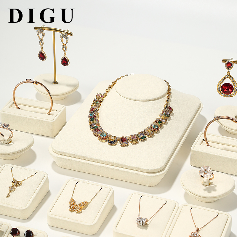 S001 Beige DIGU Handmade high quality Microfiber Necklace Ring Earring Jewelry Display Set