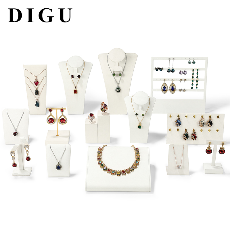 S008 Beige DIGU Luxury PU Leather Ring Bracelet Necklace Earring Jewelry Display Set