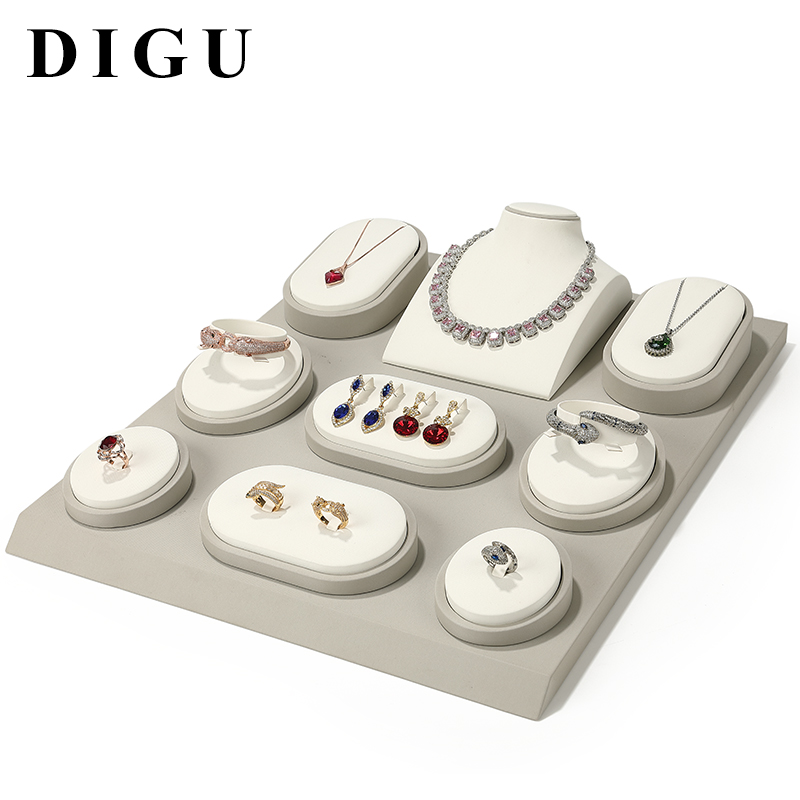 S010 Beige DIGU Design Luxury Beige PU Leather Jewelry Showcase Set
