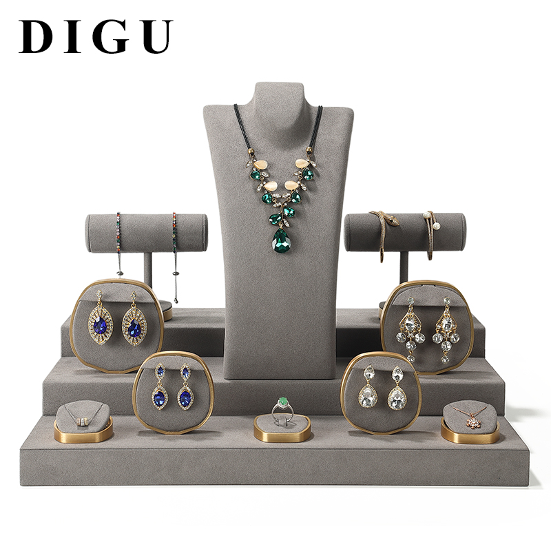 S014 Gray DIGU Luxury Microfiber Jewelry Stand with Metal Base Elegant Display Props