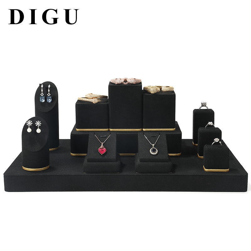 S012 Black DIGU Microfiber Ring Bracelet Necklace Earring Holder Stand Jewelry Display Set