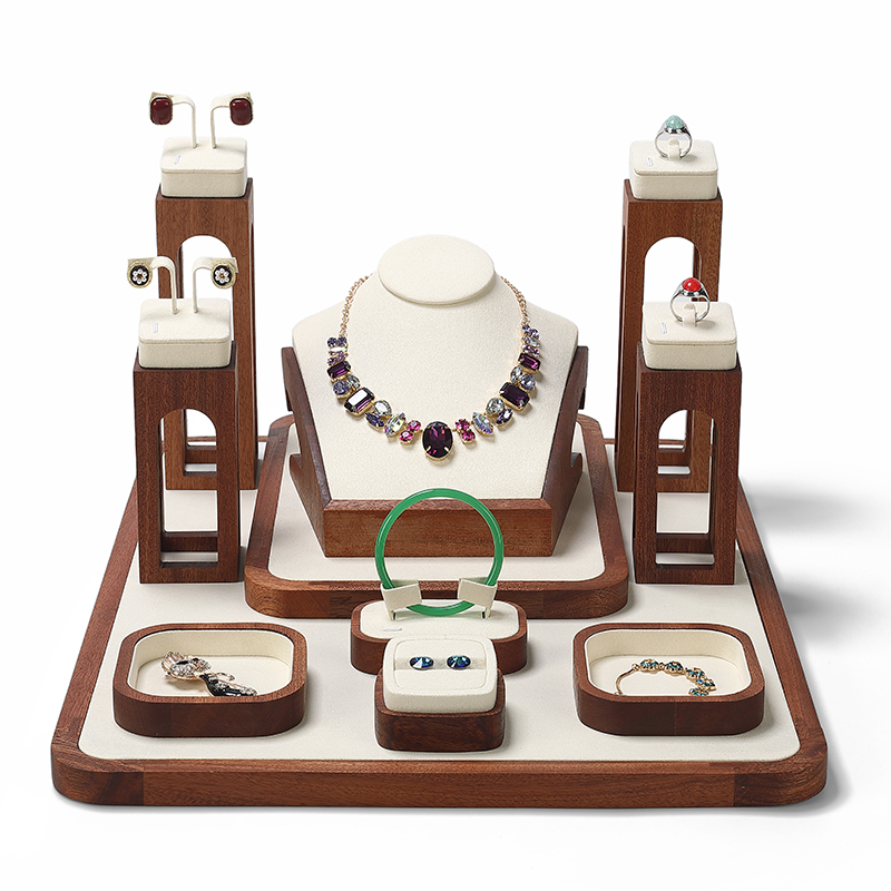 S019 Beige DIGU Handmade Microfiber Jewelry Display Set For Necklace Earring Bracelet Ring