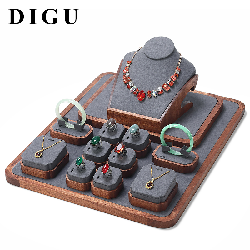 S020 Gray DIGU High Quality Solid Wood with Microfiber Bracelet Earring Necklace Jewelry Display Set