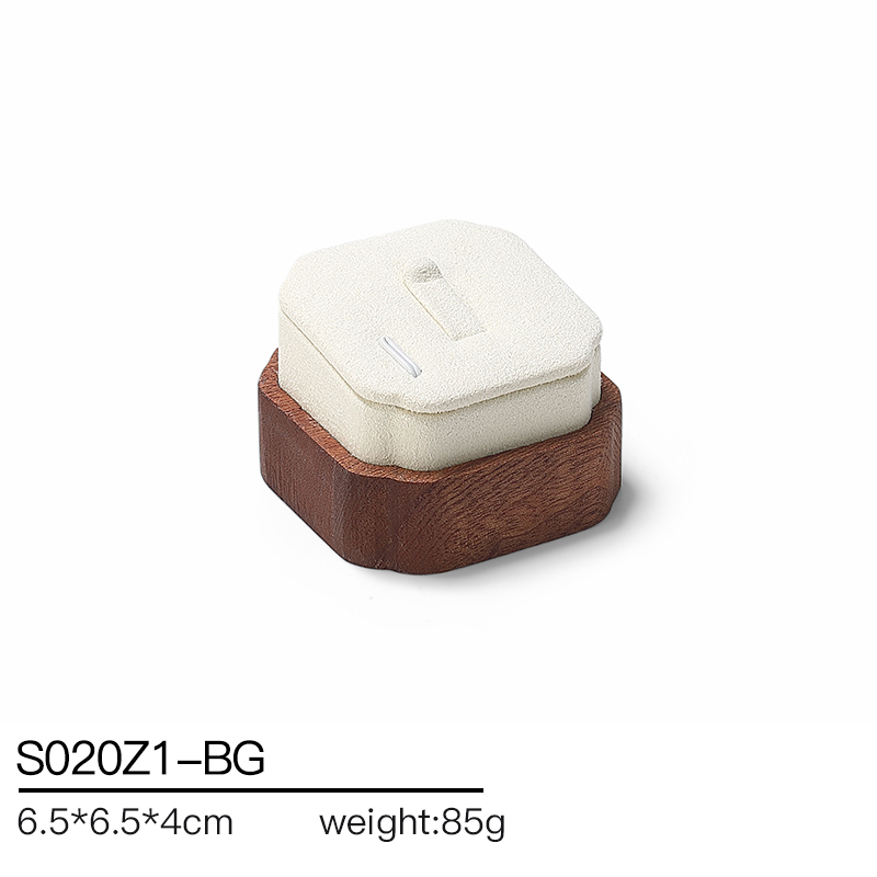 S020 Beige DIGU Wood MIcrofiber Earring Ring Necklace Jewelry Display Set