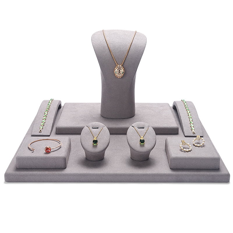 S027 Gray DIGU Handmade Microfiber Ring Bracelet Necklace Earring Holder Stand Jewelry Display Set