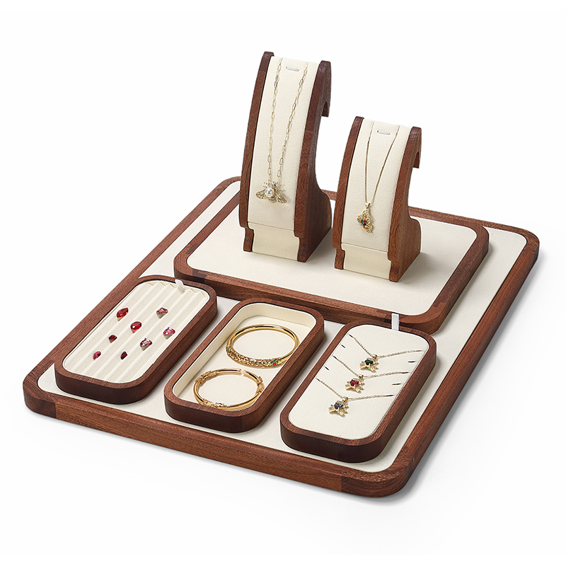 S019 Beige DIGU Handmade Microfiber Jewelry Display Set For Necklace Earring Bracelet Ring