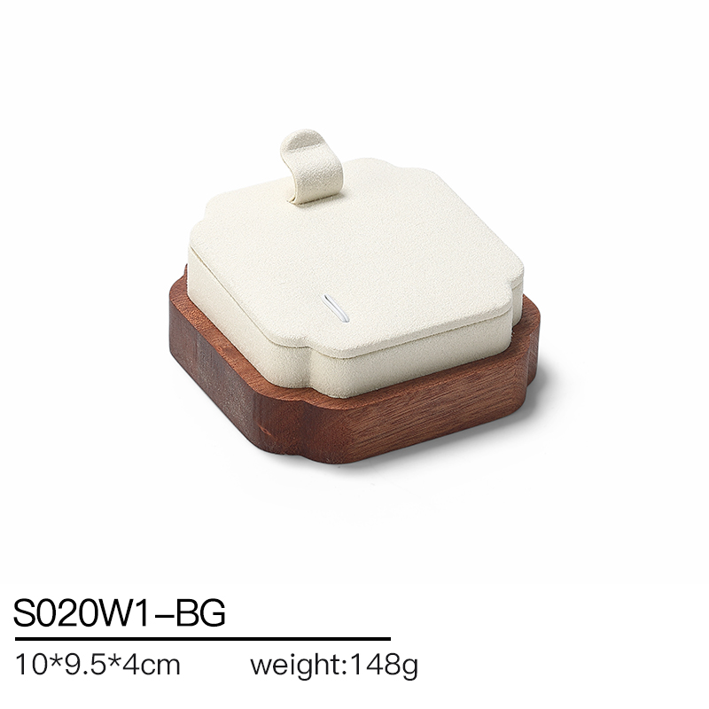 S020 Beige DIGU Wood MIcrofiber Earring Ring Necklace Jewelry Display Set