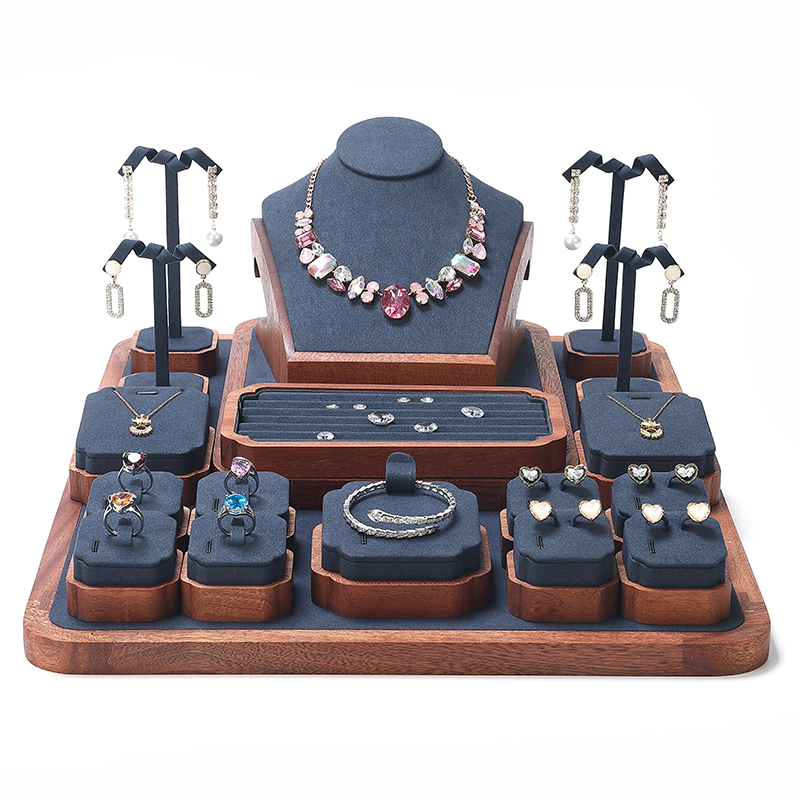 S020 Blue DIGU Luxury Wood with Microfiber Jewelry Stand Display Set